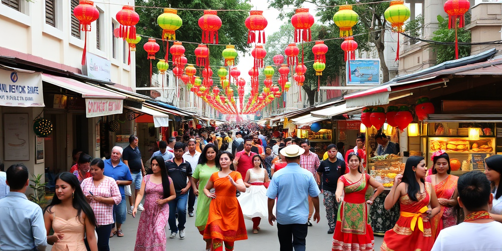 Bustling street during a cultural festival, with colorful decorations, food stalls serving traditional dishes, and performers showcasing dances from around the world.
