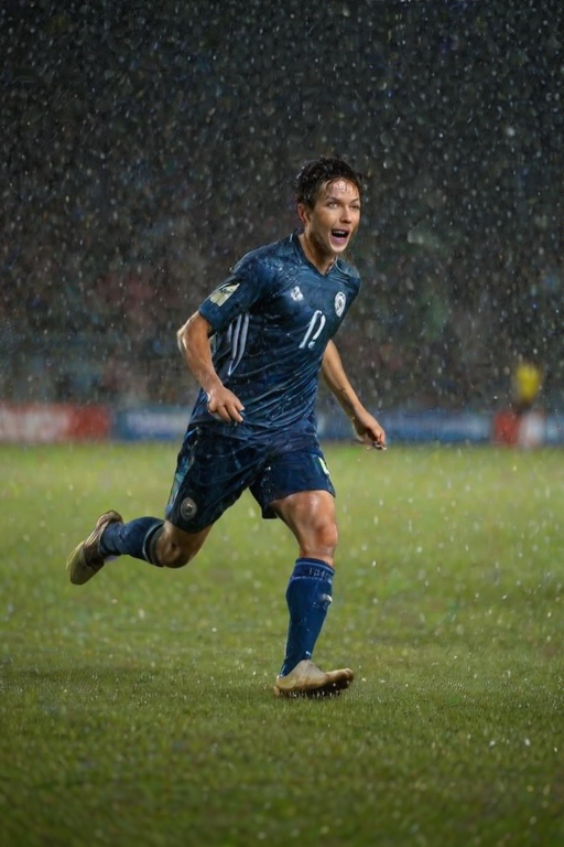 Blurry action shot of a soccer player celebrating a goal on a rain-soaked field, water droplets flying through the air, with distant stadium lights reflecting off the wet grass.