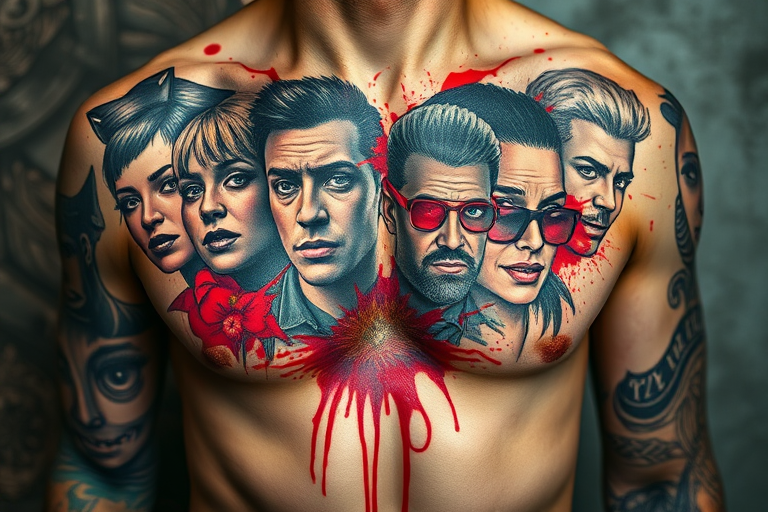 Dramatic trash polka tattoo spanning across the chest, combining realistic portraits with abstract elements and splashes of vibrant red ink, creating a chaotic and visually striking composition