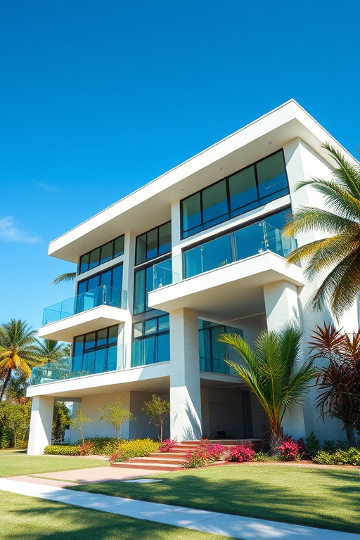 modern luxury house exterior on a sunny day, wide-angle view, f/8 aperture, ISO 100, 1/200 sec shutter speed, DSLR camera, natural light, vibrant colors, high resolution