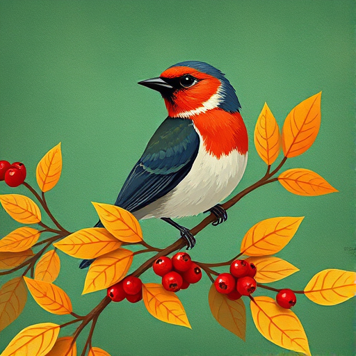 Create a vibrant illustration of a stylized bird perched among colorful leaves and red berries on a textured green background, captured with a Canon EOS R5, 50mm f/1.2 lens, in soft diffused natural light to enhance colors and details.