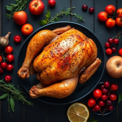 photograph a beautifully roasted chicken on a black wooden table, surrounded by fresh herbs, vibrant fruits, and berries, natural lighting, shallow depth of field, 50mm lens, f/2.8, ISO 100, top-down view