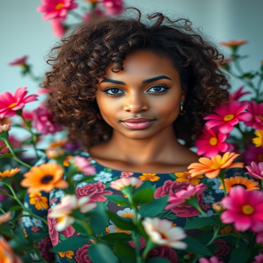 portrait of a woman with curly hair wearing a colorful floral dress surrounded by vibrant flowers, soft diffused lighting, f/1.8 aperture, 50mm lens, shot from eye level with a shallow depth of field, DSLR camera, high resolution.