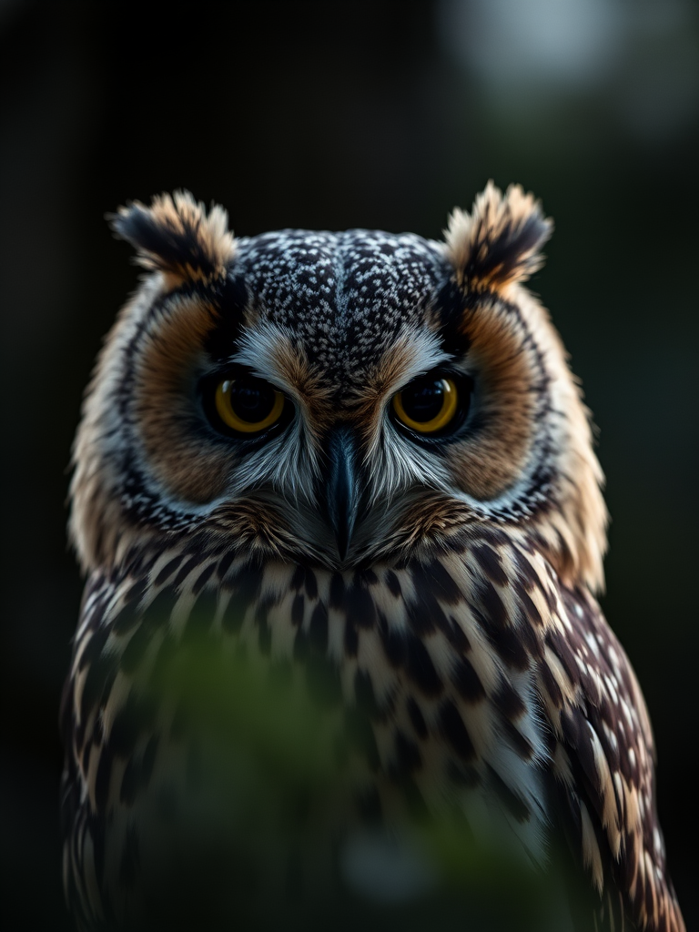 Regenerate the image of an owl with a shallow depth of field, f2.8 aperture, ISO 200, 50mm lens, captured in natural light to enhance textures and details, focusing on the owl's eyes with a dark, moody background for contrast.