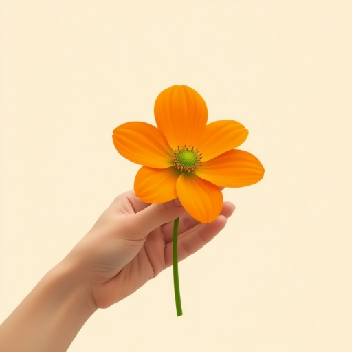 Create a digital illustration of a simplistic flower held by a hand, featuring a large orange blossom with a green center and a thin green stem on a cream background, using a high-resolution digital camera with a 50mm lens, f/2.8 aperture, and soft natural lighting for an artistic effect.