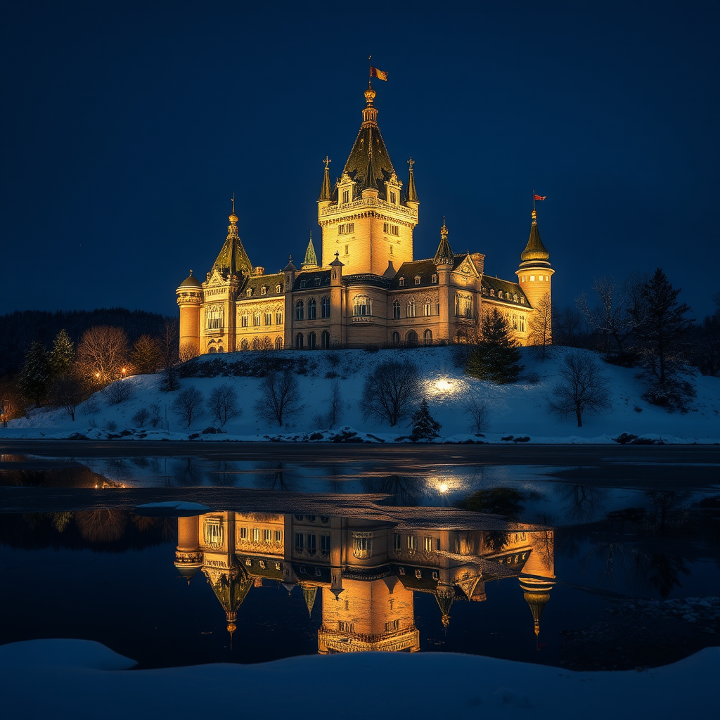capture a majestic castle at night with surrounding snow and a reflective lake in the foreground, use a DSLR camera, settings: f/8 aperture, ISO 400, 30 seconds shutter speed, wide-angle lens, low-angle view, long exposure for enhanced clarity and light details in a serene twilight atmosphere