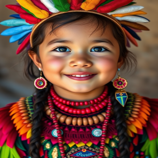 A beautiful Mapuche girl, wearing colorful bird clothing with vibrant colors
