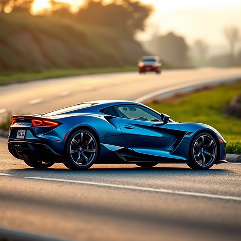Generate an image of a luxury sports car parked on the side of a road during what appears to be dawn or dusk, given the soft light and shadows. The car should have a sleek design with aerodynamic features, a low-profile stance, and large, alloy wheels. It should display a contemporary color scheme, possibly a unique shade of blue that matches well with the ambient light in the setting. The vehicle's bodywork should gleam, reflecting the surrounding environment, and it should have distinctive lighting accents that enhance its sporty appearance. In the background, there should be a roadside with a grassy embankment on one side and possibly some trees or shrubbery along the edge of the pavement. The overall mood of the image should convey a sense of luxury, speed, and the tranquility of an early morning or late evening drive.