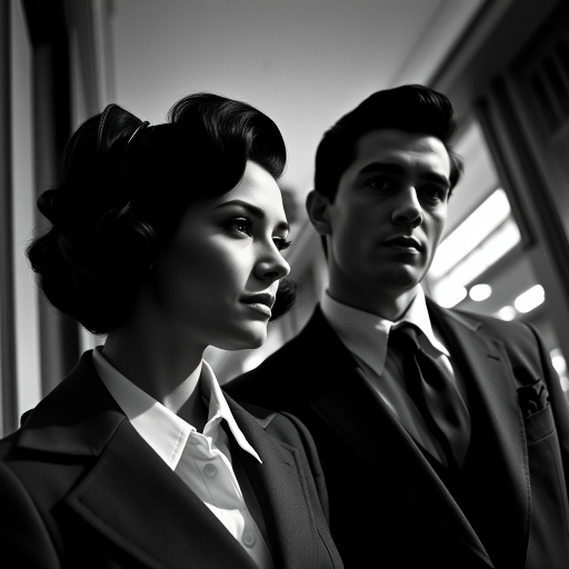 Black-and-white photograph, couple, tailored suits, retro hairstyles, film noir style, Tilt the camera for a dynamic Dutch angle using a versatile 24-70mm lens