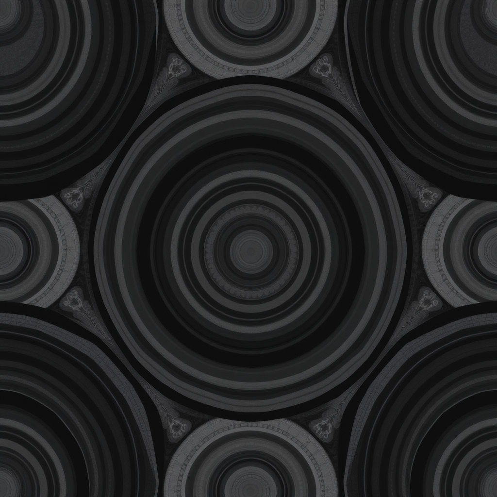 Create a seamless texture pattern featuring concentric circles and wavy lines in varying shades of black and grey under soft lighting, captured with a DSLR camera at f/8 aperture, ISO 100, with a 50mm lens from a top-down perspective.
