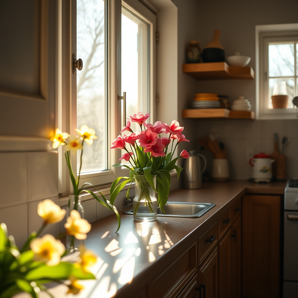 kitchen interior with spring flowers on windowsill, warm sunlight pouring through windows, detailed textures, soft shadows, high resolution, aperture f/2.8, shutter speed 1/60s, ISO 200, wide-angle lens, natural lighting, DSLR camera