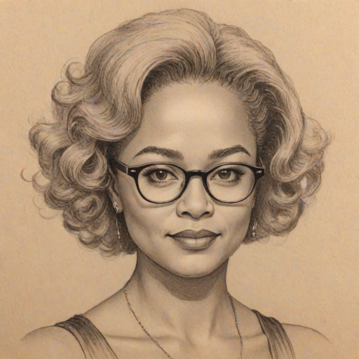 Lovely Kim Fields, pencil sketch, portrait of Beauteous woman 1927s in glasses, hair style beatnik, outline, clear lines, fine lines, 8k