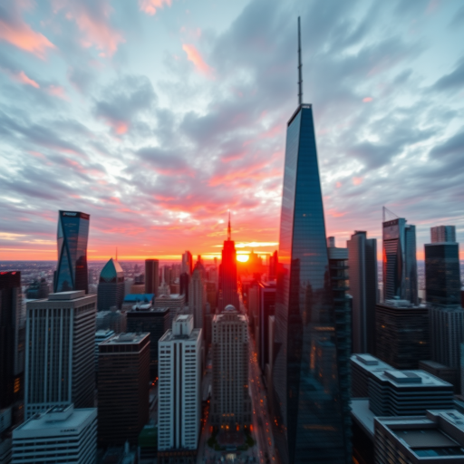 a sleek, modern city skyline at sunset, with vibrant colors reflecting on glass buildings, depth of field, ISO 100, f/8 aperture, 1/125s shutter speed, wide-angle lens, aerial view, DSLR camera