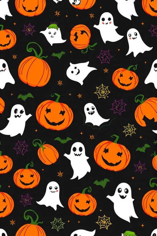 seamless pattern of Halloween-themed graphics including pumpkins, ghosts, and bats on a dark background, macro shot, focal length 50mm, aperture f/2.8, ISO 100, DSLR camera