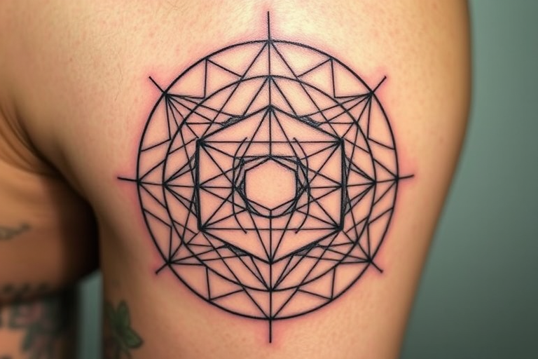 Geometric linework tattoo titled "Sacred Geometry" showcasing a complex arrangement of precise lines and shapes forming a three-dimensional cube within a circle, creating an optical illusion of depth and movement on the skin