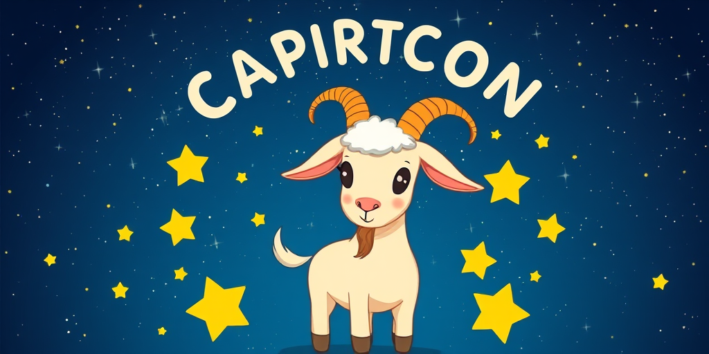 Create a vibrant illustration of a cartoon Capricorn goat under a starry night sky, include bright yellow stars surrounding it, with the text "CAPRICORN 23.12-20.1" in a whimsical font, shot with a Nikon D850 at f/8, ISO 200, 1/125 sec, in a front view style, using a soft focus filter for a dreamy effect.