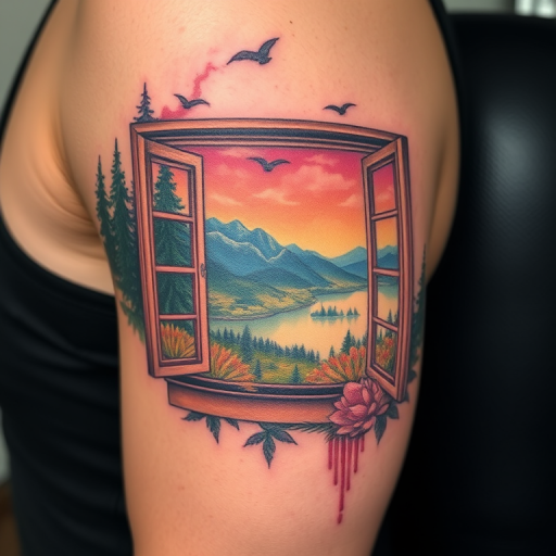 Photorealistic color tattoo titled "Nature's Canvas" depicting a lifelike landscape scene with meticulous attention to detail in natural colors creating the illusion of a window on the skin