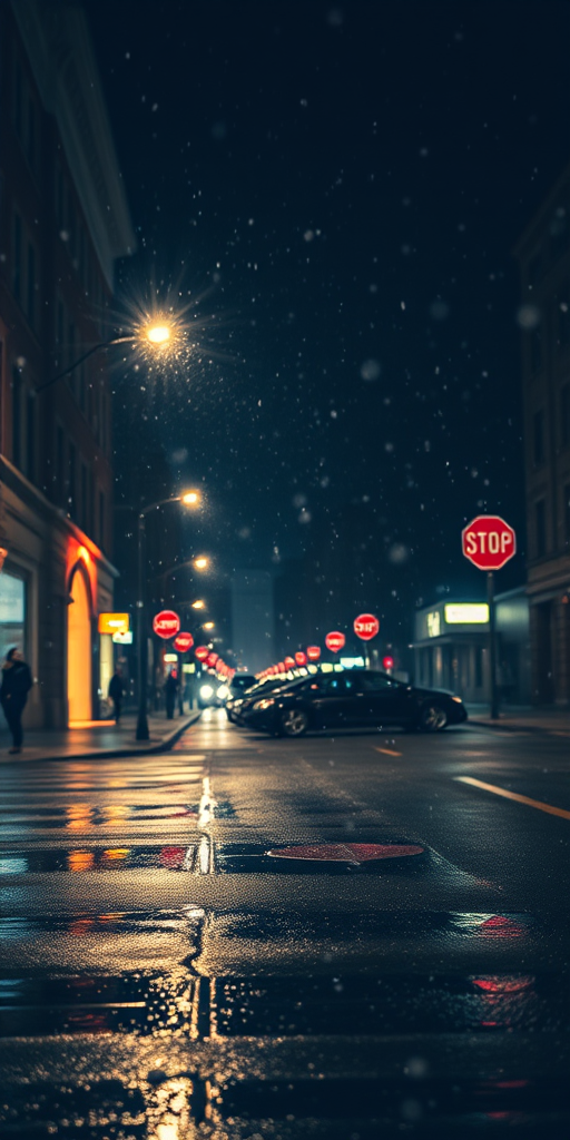 moody urban street scene at night with softly glowing streetlights and falling snow, captured with a DSLR camera at f/1.8, ISO 200, shutter speed 1/50s, wide-angle lens, capturing reflections on wet pavement for enhanced depth and detail