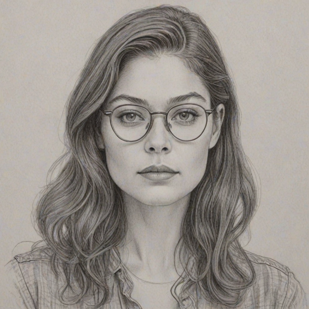 Charming Alexa Davalos, pencil sketch, portrait of Enchanting woman 1967s in glasses, hair style beatnik, outline, clear lines, fine lines, 8k