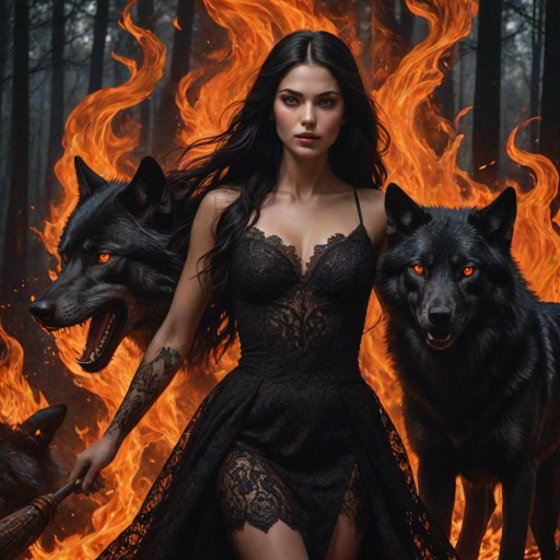 A woman with long dark hair, wearing a black lace dress that seamlessly blends into her skin with intricate floral patterns. She is in the foreground, with a black wolf beside her; its fur is midnight black, and it has glowing, intense, orange eyes that match hers. Her eyes are partially closed with burning embers above them, giving a fiery and mystical aura. The background is engulfed in tall, roaring flames, contributing to an overall dark and supernatural atmosphere. The colors are intense, predominantly black, fiery orange, and deep reds, with sharp contrast highlighting the mysterious and fierce theme. The flames are bright and dynamic, casting dramatic light and shadow, illuminating the woman and wolf while leaving parts in near darkness. The image evokes a sense of otherworldly power and connection between the woman and the wolf.
