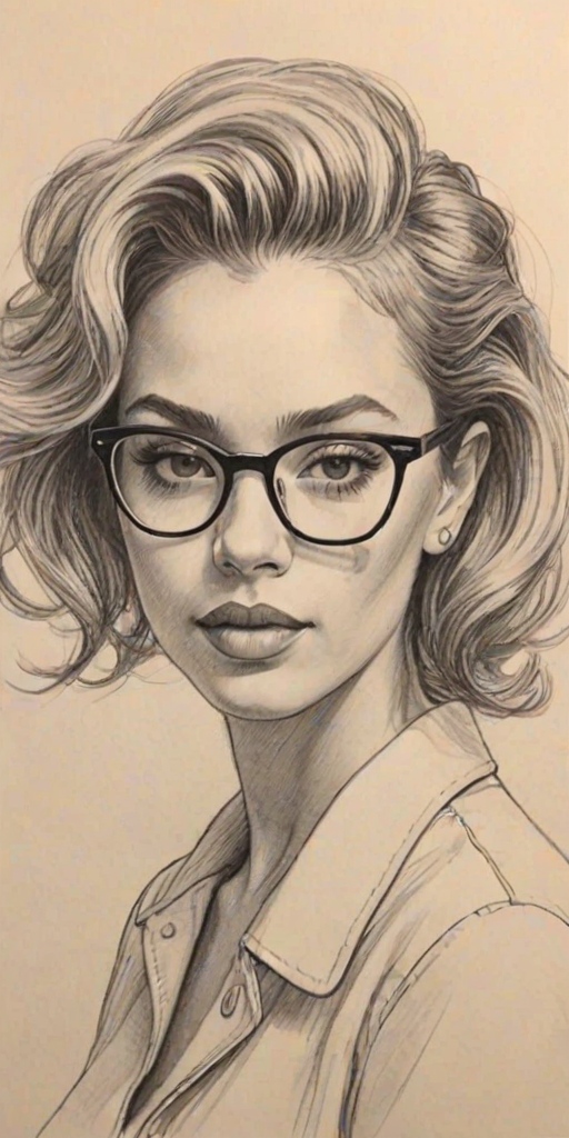 Captivating DaniLeigh, pencil sketch, portrait of Captivating woman 1955s in glasses, hair style beatnik, outline, clear lines, fine lines, 8k