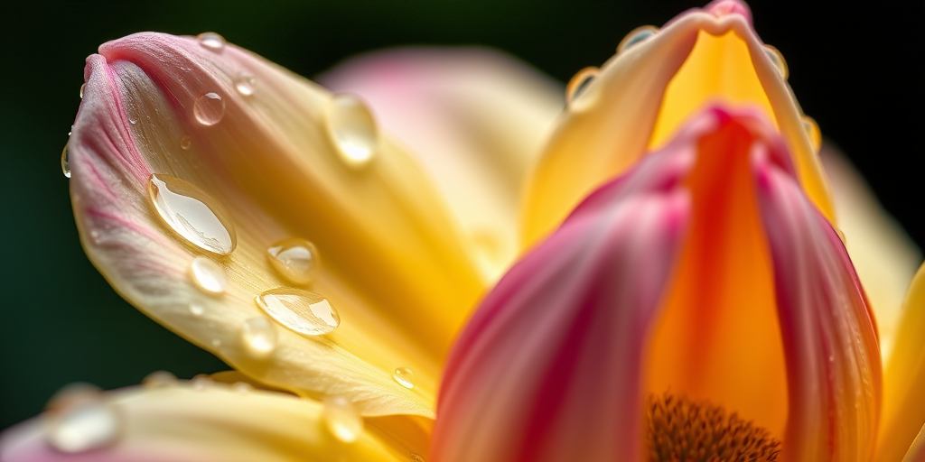 Close-up shot of a flower with water droplets on its petals, shallow depth of field, f/2.8 aperture, 100mm macro lens, ISO 200, natural lighting, captured with a DSLR camera.