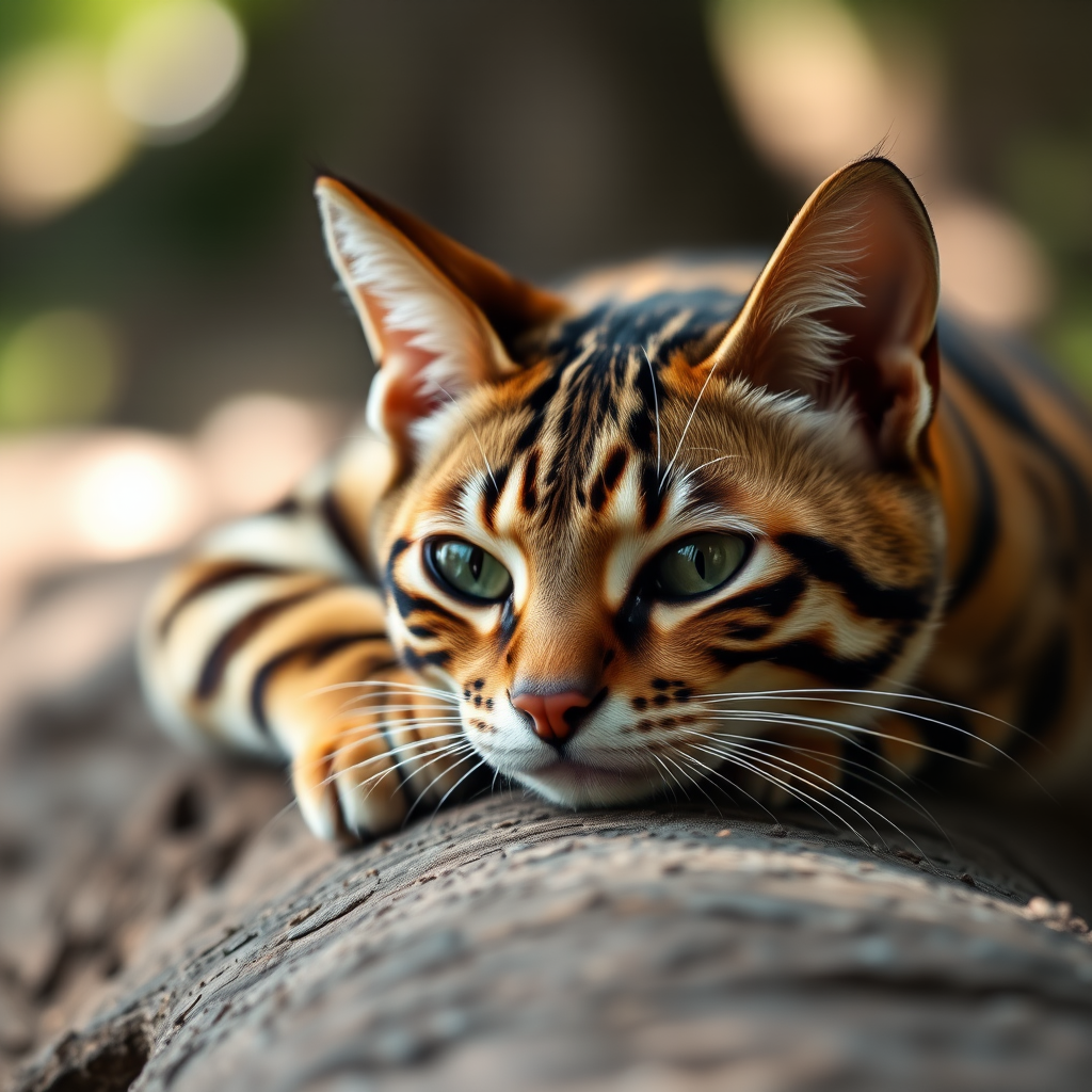 A close-up shot of a Bengal cat resting on a log with soft natural lighting, aperture set to f/2.8 for a shallow depth of field, ISO 200 for clarity, 50mm lens for sharp focus, taken with a DSLR camera.