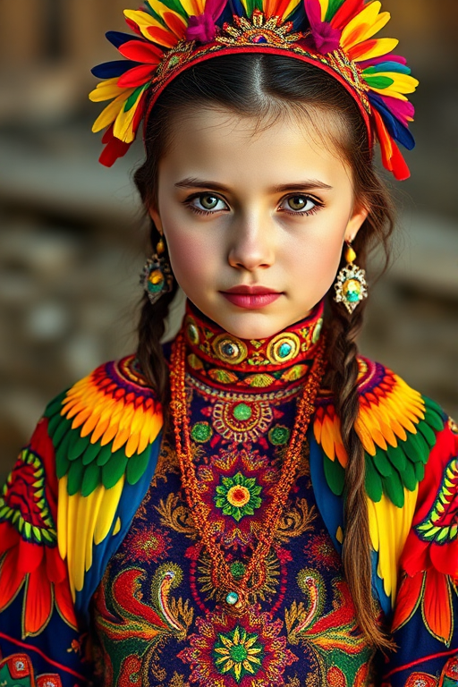 A beautiful Kazakh girl, wearing colorful bird clothing with vibrant colors