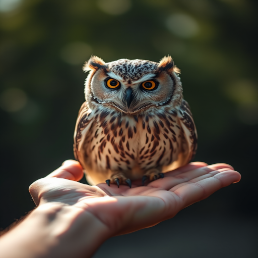 capture an owl perched on a hand with dramatic lighting and a blurred background, camera settings: f/2.8, ISO 200, shutter speed 1/50s, camera view: close-up, camera style: portrait, camera type: DSLR