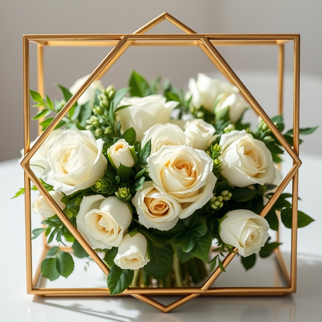 Create a high-resolution floral arrangement with elegant white roses and greenery in a geometric gold frame, using a DSLR camera with a 50mm lens, f/1.8 aperture, ISO 100, and natural light from the front for a bright and detailed composition.
