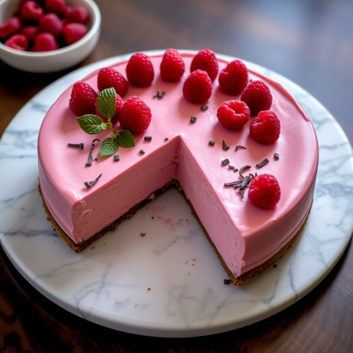 Create an image of a pink raspberry cheesecake topped with fresh raspberries and dark chocolate shavings, with a slice cut out to show the creamy texture inside, presented on a round marble platter.