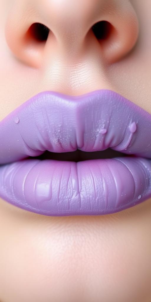 Matte lavender lips with a powdery finish, called "Lilac Dreams," offer a unique pastel hue and a soft, blurred effect for a dreamy look