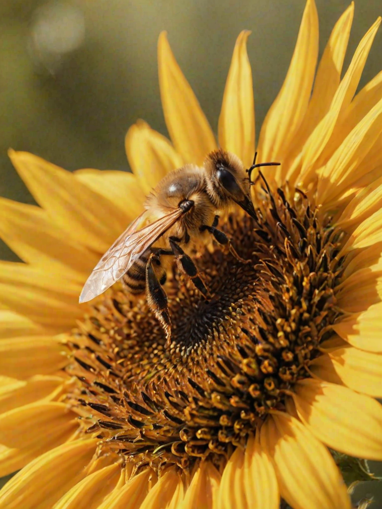 Sharp, detailed close-up of a bee pollinating a vibrant sunflower, soft sunlight reflecting off its wings, tiny details of pollen visible on its legs, and the feeling of natural harmony.