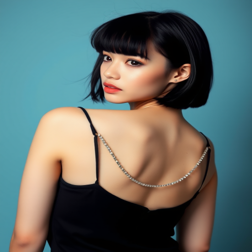 "This image showcases a young woman in a minimalistic, high-fashion pose. She is turned slightly to her right, with her face and upper body in focus. Her dark hair is cut in a sleek, straight bob with blunt bangs that frame her face, giving her a modern, edgy look. A few strands of hair are gently blown out of place, adding a dynamic and natural feel to the composition.She is wearing a black, sleeveless top with thin spaghetti straps, which adds to the simplicity and elegance of the image. The back of the top features unique, decorative detailing with sparkling rhinestone chains that connect horizontally across her back, giving the outfit a subtle yet glamorous twist. The black outfit contrasts sharply with her pale skin, making her overall appearance stand out against the soft, gradient blue background.