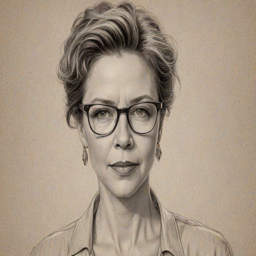 Wonderful Annette Bening, pencil sketch, portrait of Splendid woman 1921s in glasses, hair style beatnik, outline, clear lines, fine lines, 8k