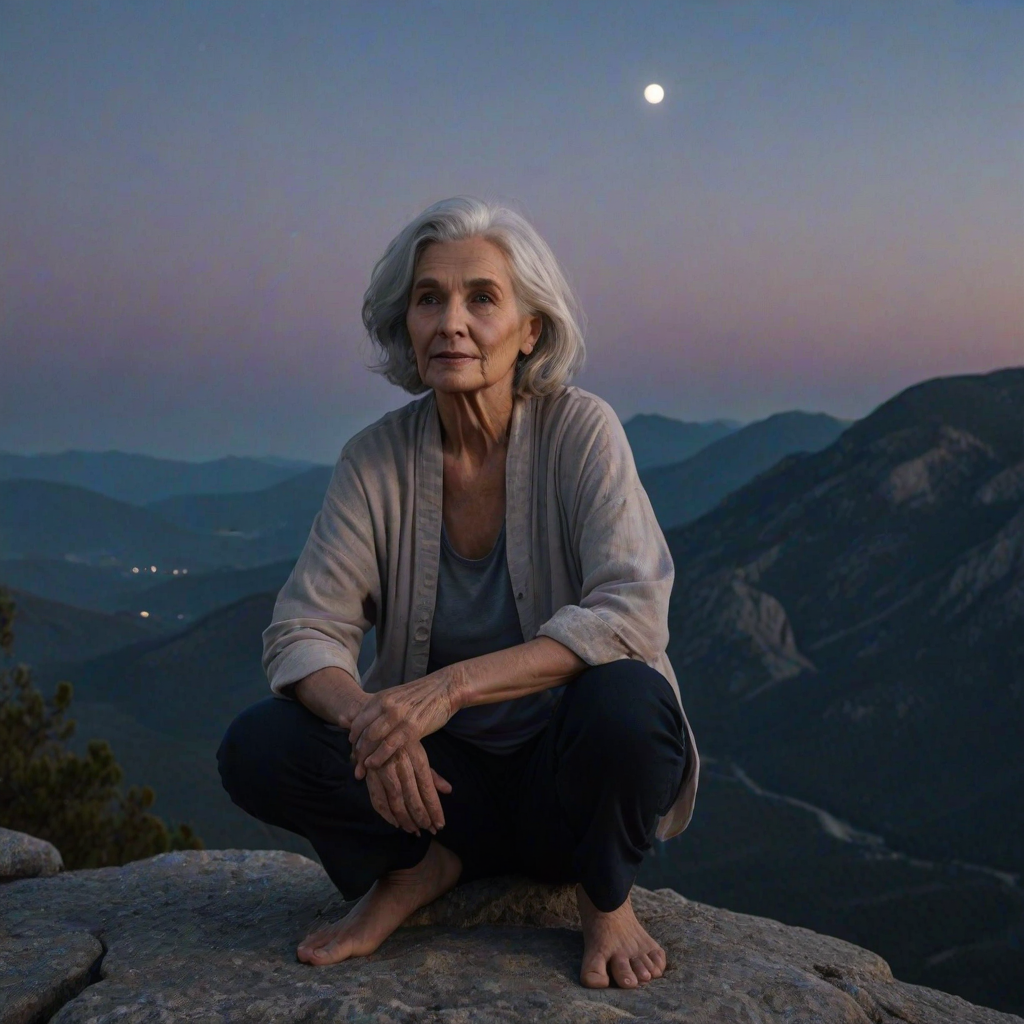 portrait of a contemplative older woman with silver hair sitting on a rocky ledge at night, full moon lighting the scene, slight breeze in the air, atmospheric mountains in the background, Canon EOS R5, 50mm f/1.2 lens, ISO 100, aperture f/2.8, shutter speed 1/125s, soft focus background for depth, twilight color grading