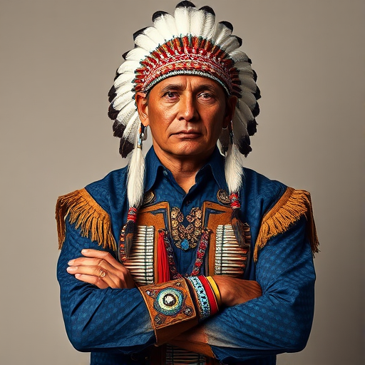 Create a dignified portrait of a Native American man dressed in traditional attire. He wears a beautifully crafted headdress adorned with white feathers and red beads, along with a beaded headband featuring intricate patterns. His clothing includes a deep blue, patterned shirt and a traditional chest piece with detailed beadwork. His arms are crossed, displaying leather armbands decorated with feathers. The background is simple and neutral, emphasizing his proud and stoic expression. The overall image captures the rich cultural heritage and strength of his persona.