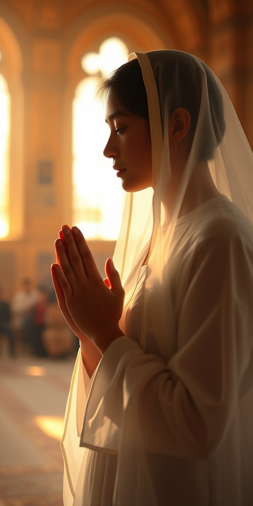 Create a serene portrait of a figure in prayer, set in a softly lit environment with warm tones, using a Canon EOS R5 with a 50mm f/1.2 lens, aperture set to f/2.8, ISO 100, and a shallow depth of field for an ethereal quality.