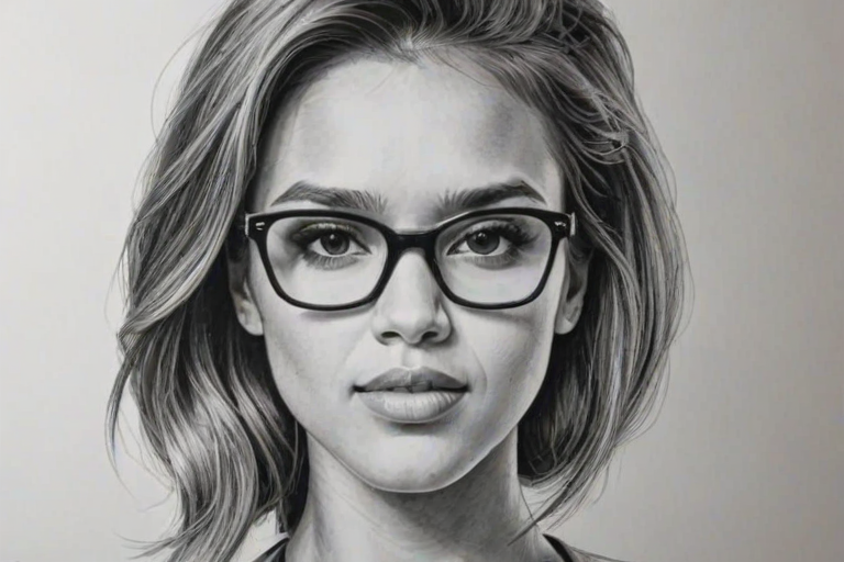 Fascinating Jessica Alba, pencil sketch, portrait of Attractive woman 1964s in glasses, hair style beatnik, outline, clear lines, fine lines, 8k