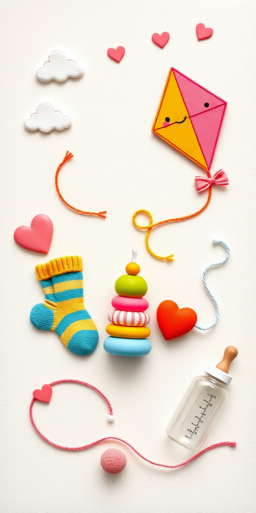 Create a whimsical illustration featuring a smiling kite, cozy socks, colorful stacking toys, a baby bottle, and playful hearts arranged artistically on a soft, textured background; use a DSLR camera with a 50mm lens, f/2.8 aperture, 1/125 sec shutter speed, and natural light for a bright, cheerful ambiance.