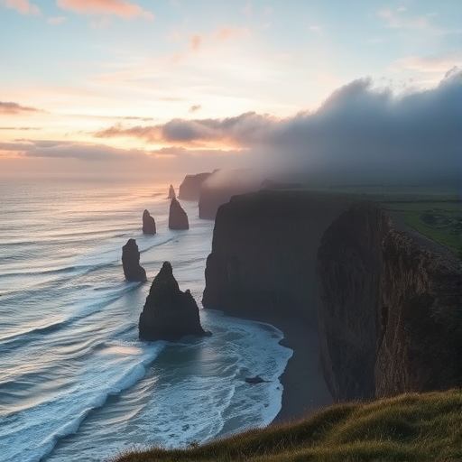 Soft-focus image of a dramatic coastal landscape with waves crashing against cliffs, soft mist rising from the sea, and a colorful sunset painting the sky in the background.