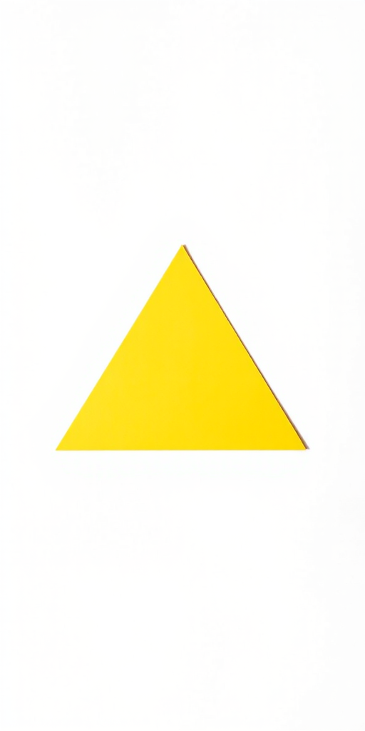Create a high-resolution image of a simple yellow equilateral triangle on a white background, using a DSLR camera with a 50mm lens, aperture set to f/2.8 for sharp focus, ISO 100 for minimal noise, and soft, diffused lighting to enhance clarity and depth.