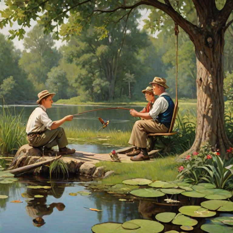 Imagine a small group of old fashioned young boys out fishing by the creek, a swing hanging from a tree branch, reeds and grasses by the water's edge, a frog sitting on a lily pad, dragonflies hovering over som water plans, a very iconic old fashioned scene reminiscent of a Norman Rockwell painting style