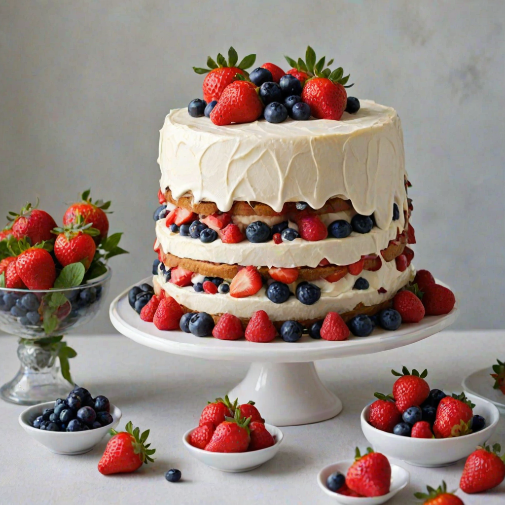 Generate an image of a layered cake with visible layers of cream and mixed berries such as strawberries, blueberries, and raspberries. The cake should be elegantly displayed on a tiered cake stand, with a slice cut out to showcase its interior. Surround the cake with fresh berries and a small pink box nearby. The setting should have a light, inviting atmosphere, possibly with a blurred background of a dining table.