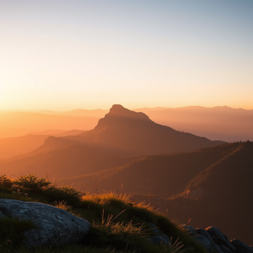 Create a high-resolution digital artwork of a peaceful mountain landscape at sunrise, using a full-frame DSLR camera with a 24mm f/2.8 lens, at ISO 100, f/8, and a shutter speed of 1/125 sec, with a wide-angle view and soft natural lighting to enhance colors and depth.