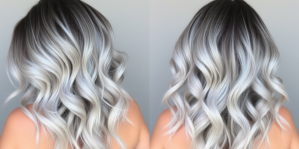 Ethereal silver ombre with soft waves, dubbed "Moonlit Mist," transitions from dark roots to a luminous, ethereal silver that seems to glow