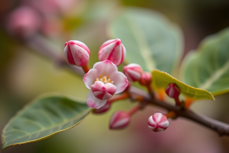 Close-up of pink flower buds on a leafy branch with a soft blurred background, shot with a Canon EOS 5D Mark IV, aperture f/2.8, ISO 100, shutter speed 1/200 sec, natural light, macro lens.