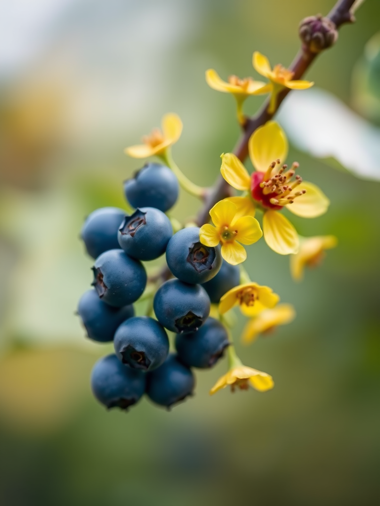 macro shot of blue berries and yellow flowers on a branch with a blurred green background, aperture f/2.8, shutter speed 1/200s, ISO 100, 100mm lens, Canon DSLR, soft focus style, natural light