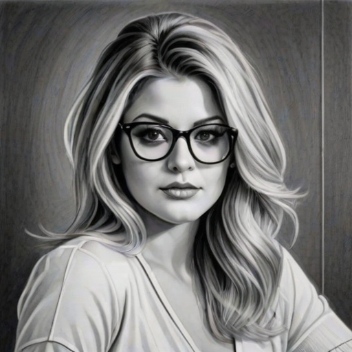 Beauteous Lauren Alaina, pencil sketch, portrait of Alluring woman 1975s in glasses, hair style beatnik, outline, clear lines, fine lines, 8k
