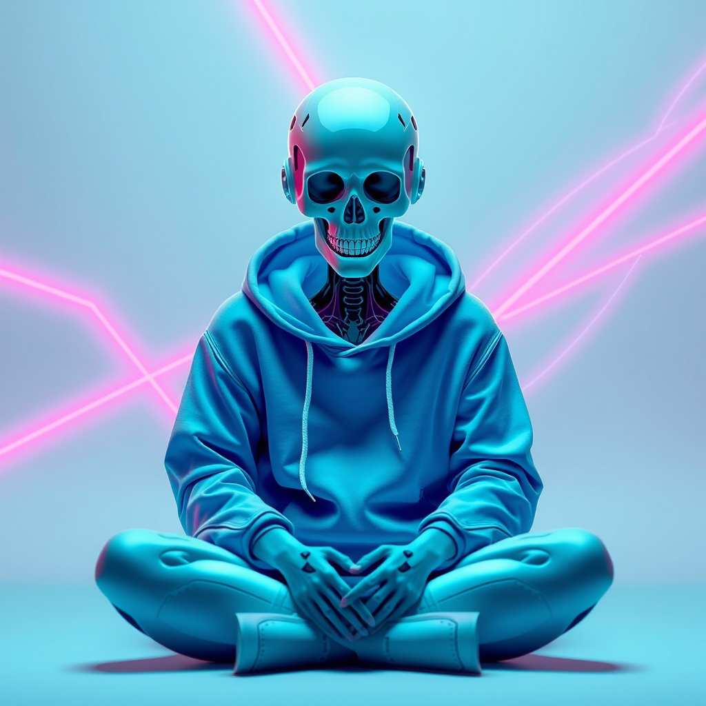 Create a high-resolution digital artwork of a futuristic humanoid with a translucent skull, wearing a blue hoodie and seated cross-legged, surrounded by abstract neon vectors in pink and blue, shot with a Canon EOS R5, 50mm lens, f/1.8, ISO 100, soft focus background.